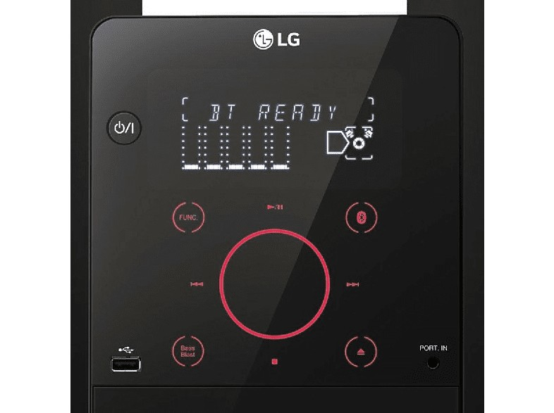 Estéreo negro con logo LG y pantalla "BT READY". Tiene muchos botones.