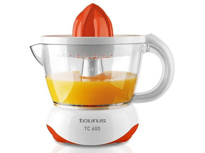 Exprimidor - Taurus TC600, exprimidor eléctrico para zumos de 40 W de potencia, gito ambos sentidos, desmontable, tapa protectora, blanco y naranja