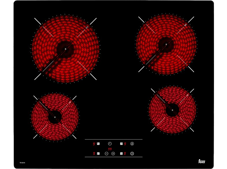 Encimera de cerámica negra con cuatro elementos calefactores rojos iluminados y controles táctiles.