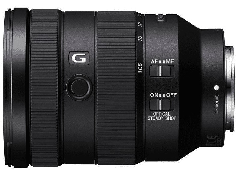 Lente Sony negra. Lente tiene ajustes de zoom y enfoque. Lente tiene una 'G' en el cilindro.