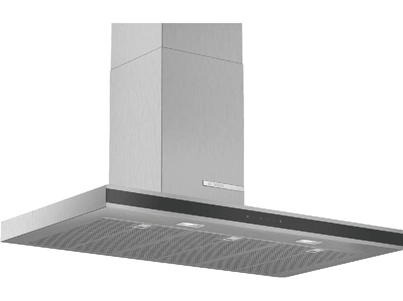 Campana extractora Bosch de acero inoxidable. Forma rectangular con ribete negro. Fondo blanco.