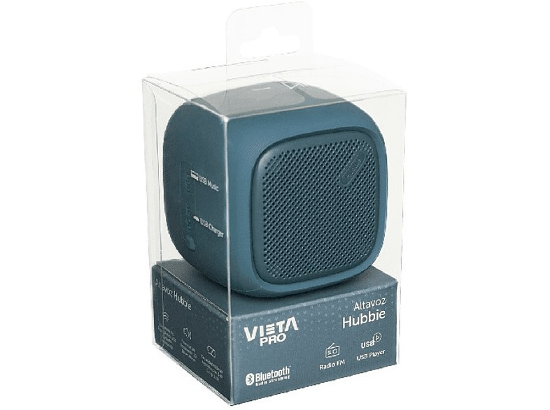 Un pequeño altavoz Bluetooth VIETA PRO azul en una caja transparente.