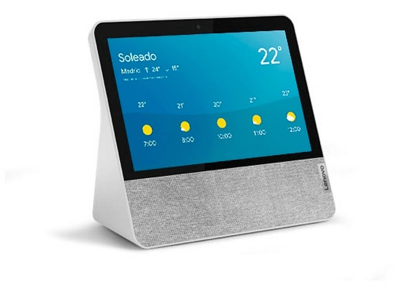 Pantalla inteligente Lenovo mostrando el clima. Base blanca y tela gris para altavoz.