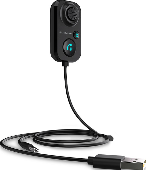 Appareil mains libres Bluetooth noir avec haut-parleur, bouton d'appel et câble USB pour charger.