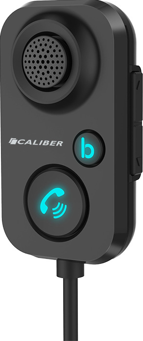 Appareil Bluetooth Caliber noir avec un microphone, un bouton d'appel et un bouton Bluetooth.