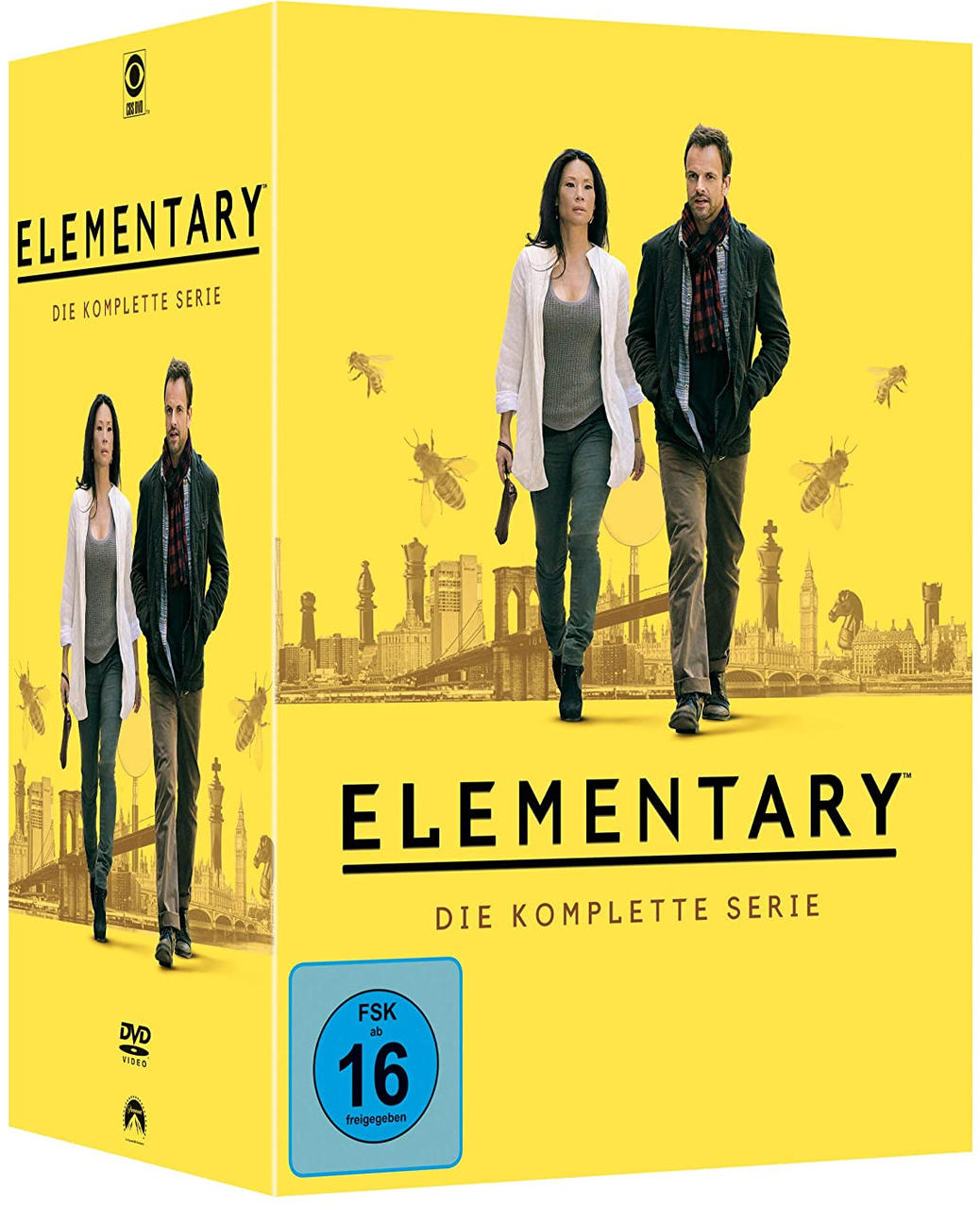 Gelbe DVD-Box mit zwei Personen auf dem Cover und dem Wort Elementary.