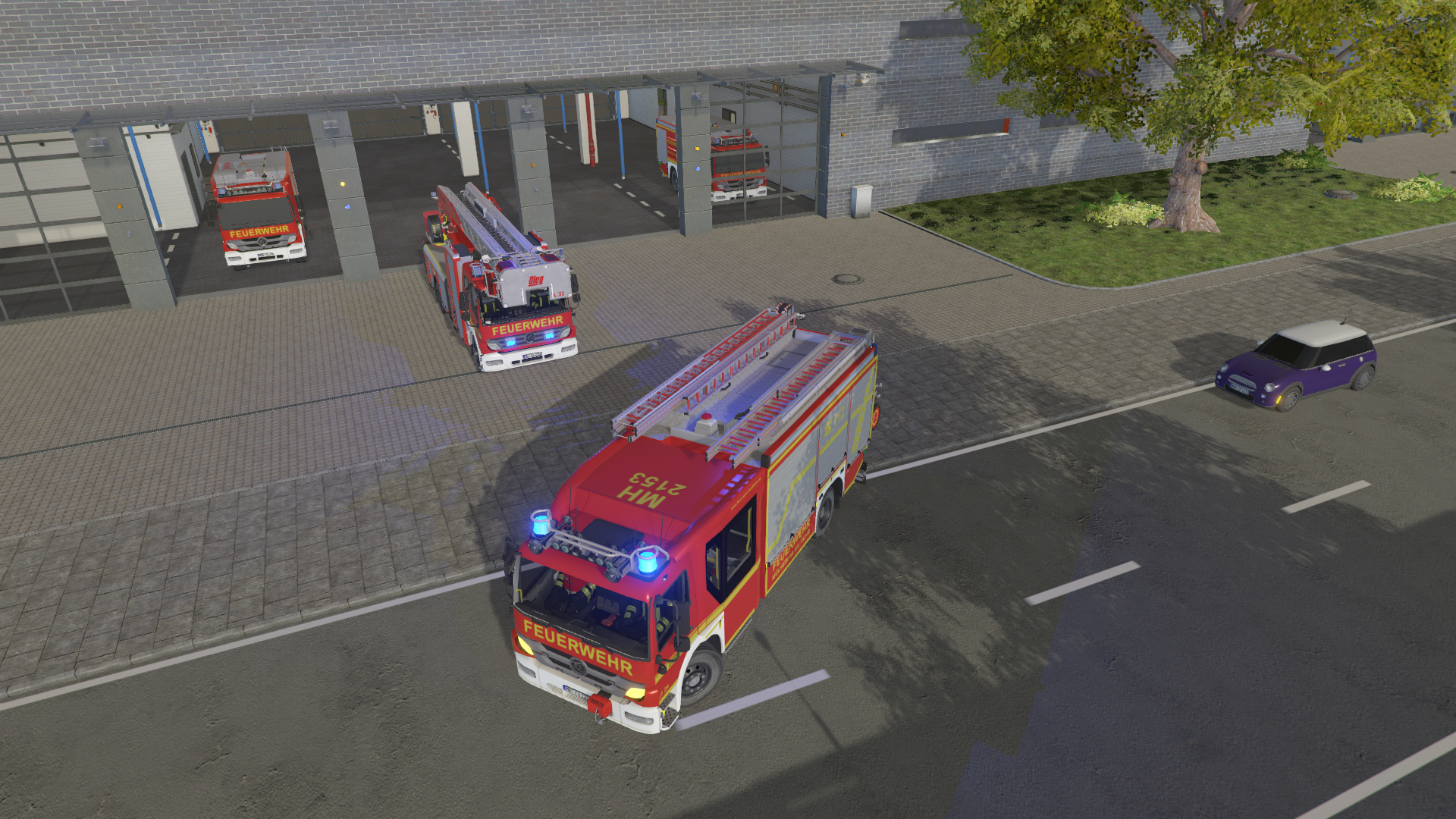 Feuerwehrfahrzeuge vor einer Feuerwache geparkt. Die Szene scheint ein 3D-Rendering zu sein.