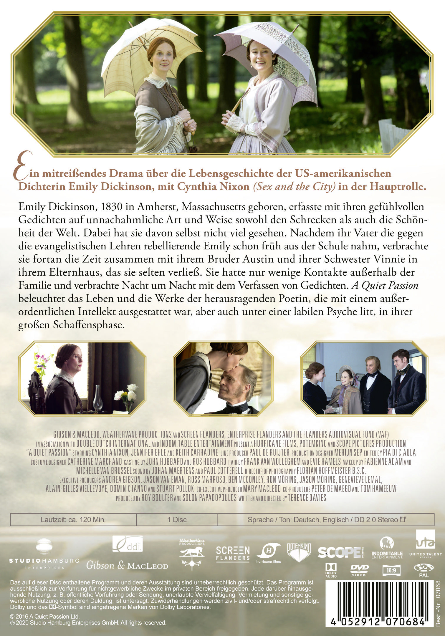 DVD-Hülle mit zwei Frauen mit Hauben und Sonnenschirmen. Text auf Deutsch, Titel 'A Quiet Passion'.