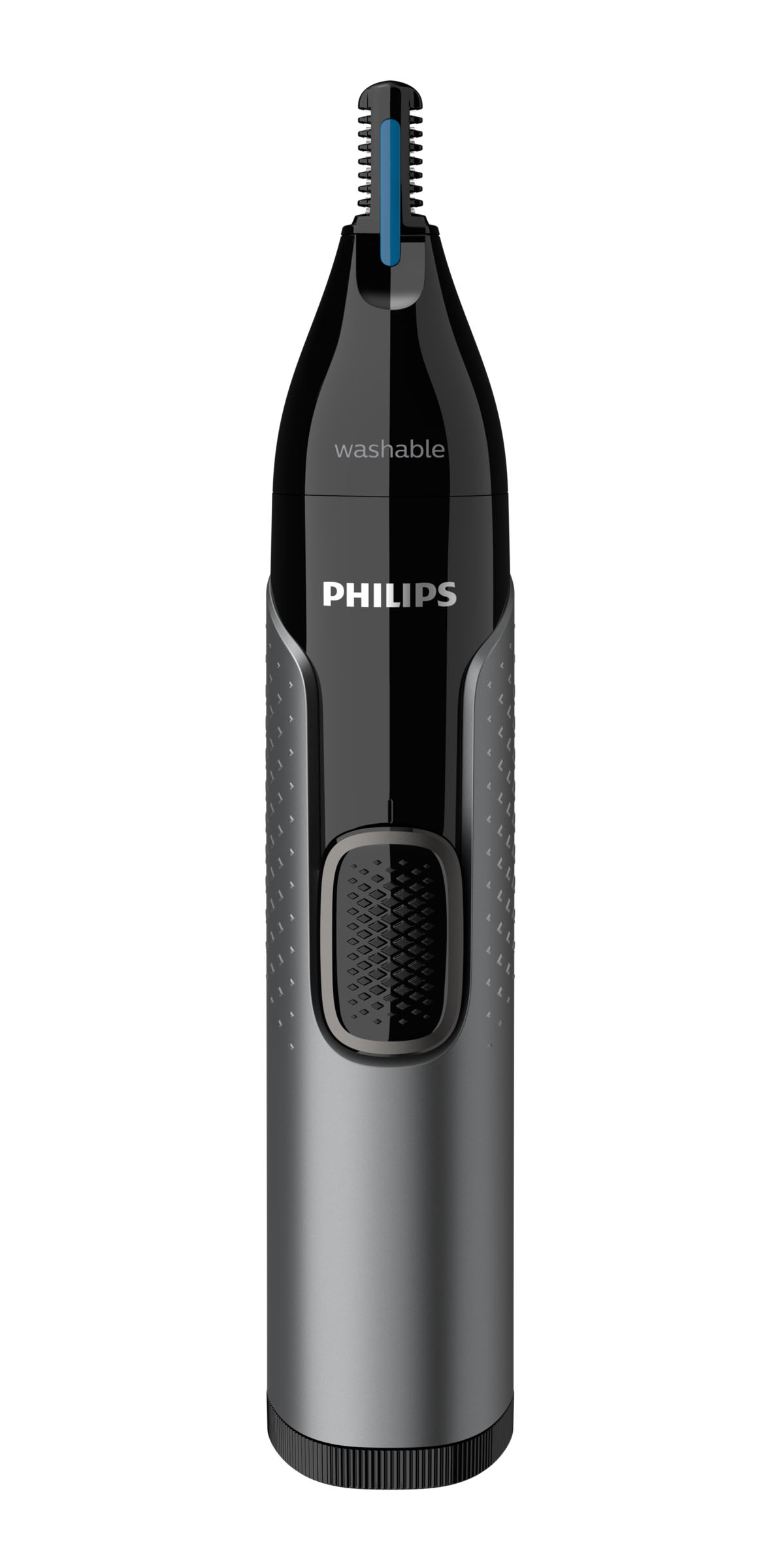 Ein grauer und schwarzer Philips Nasenhaartrimmer auf weißem Hintergrund.