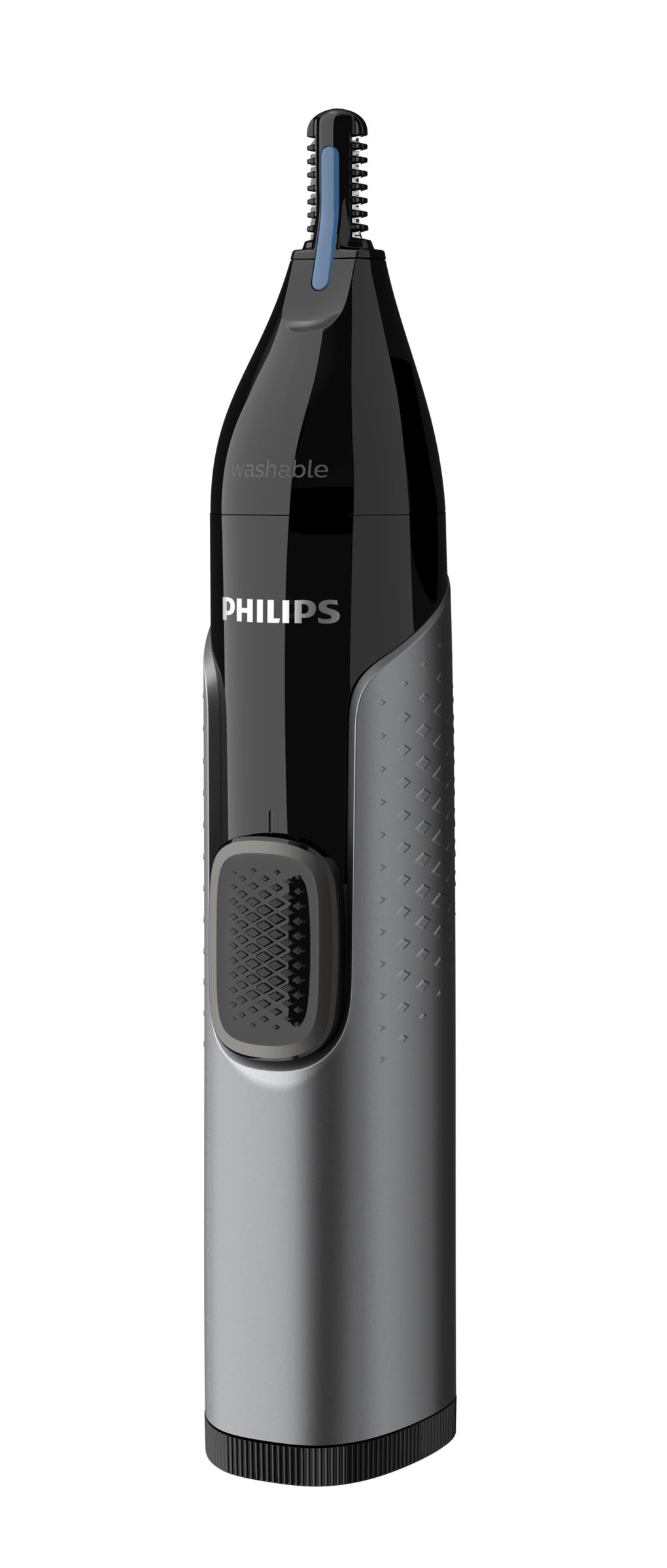 Schwarzer und grauer Philips Nasenhaartrimmer auf weißem Hintergrund. Mit blauer Kontrollleuchte.
