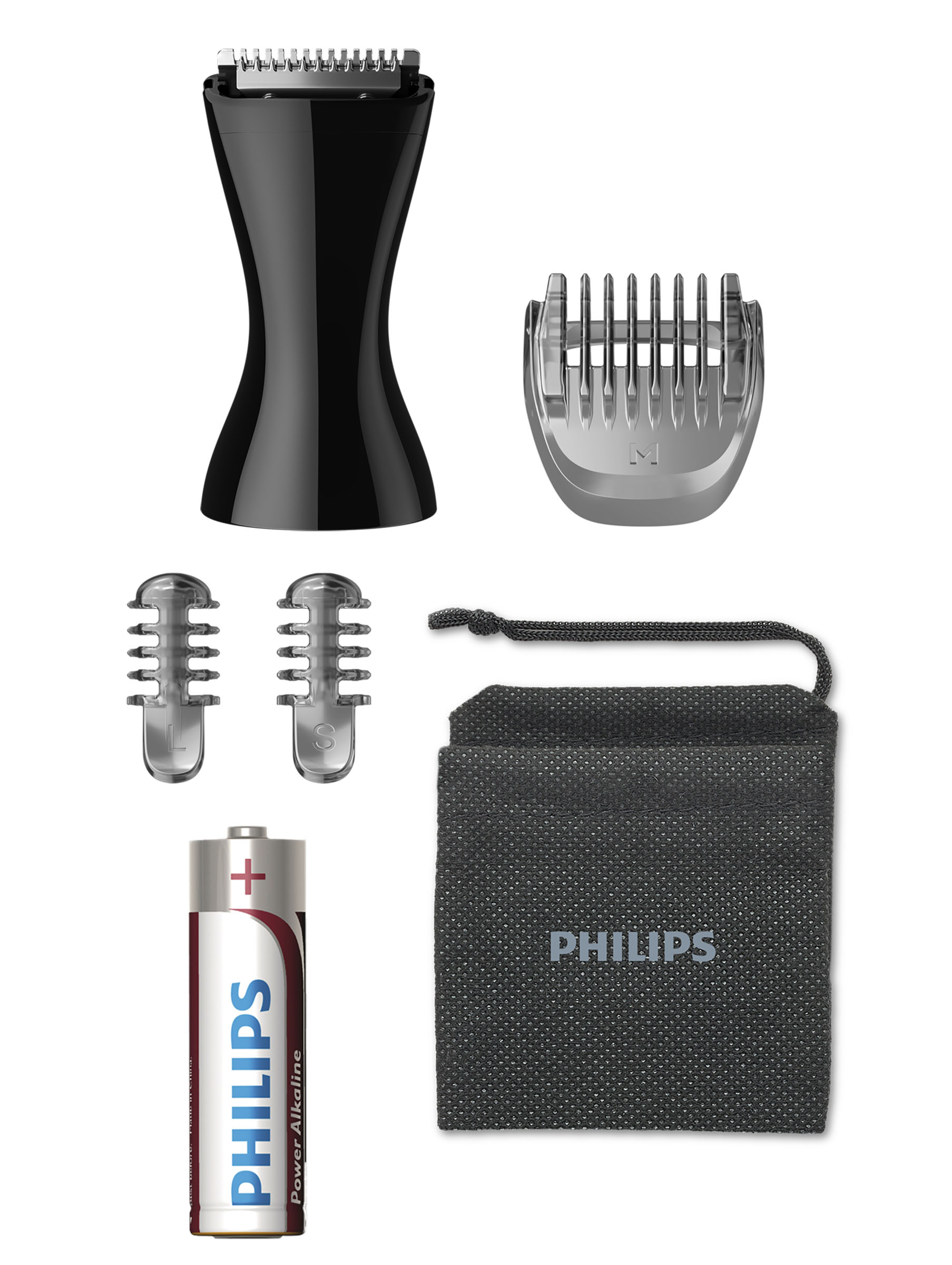 Ein Philips Nasen- und Ohrenhaarschneider-Set mit Zubehör auf weißem Hintergrund.