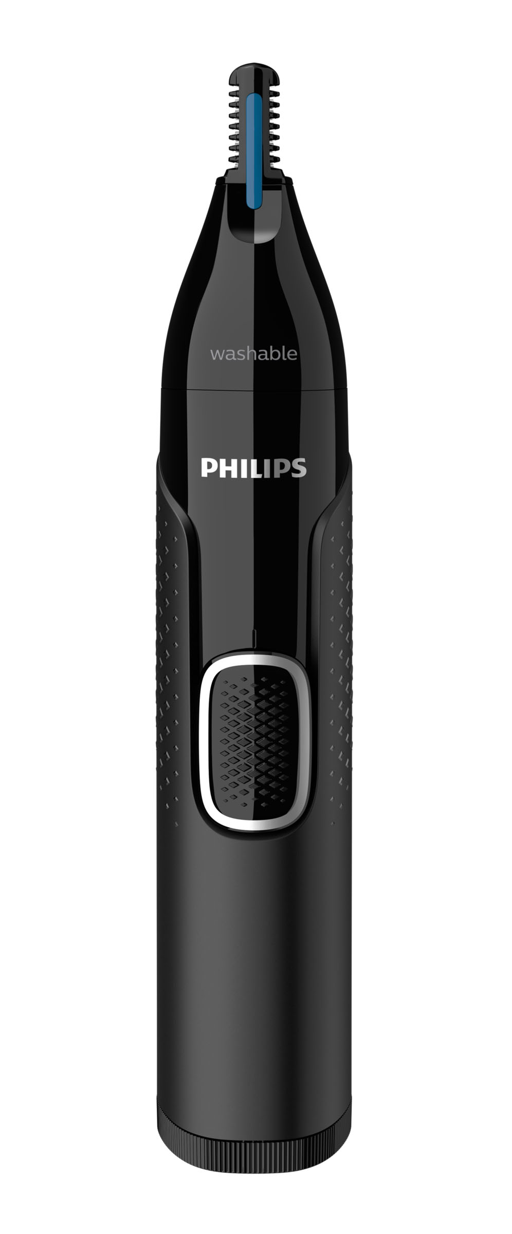 Schwarzer Philips Nasen- und Ohrenhaartrimmer mit blauem Trimmerkopf.