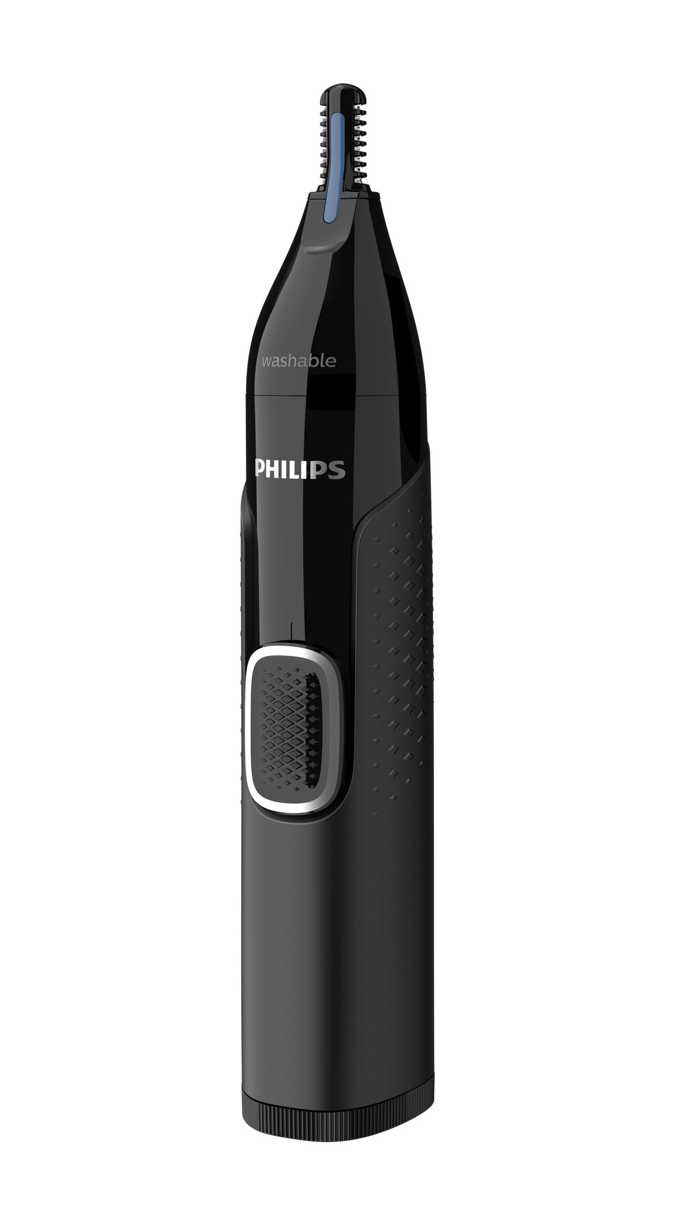 Schwarzer Philips Nasenhaartrimmer. Er hat eine waschbare Funktion und einen schwarzen Körper.