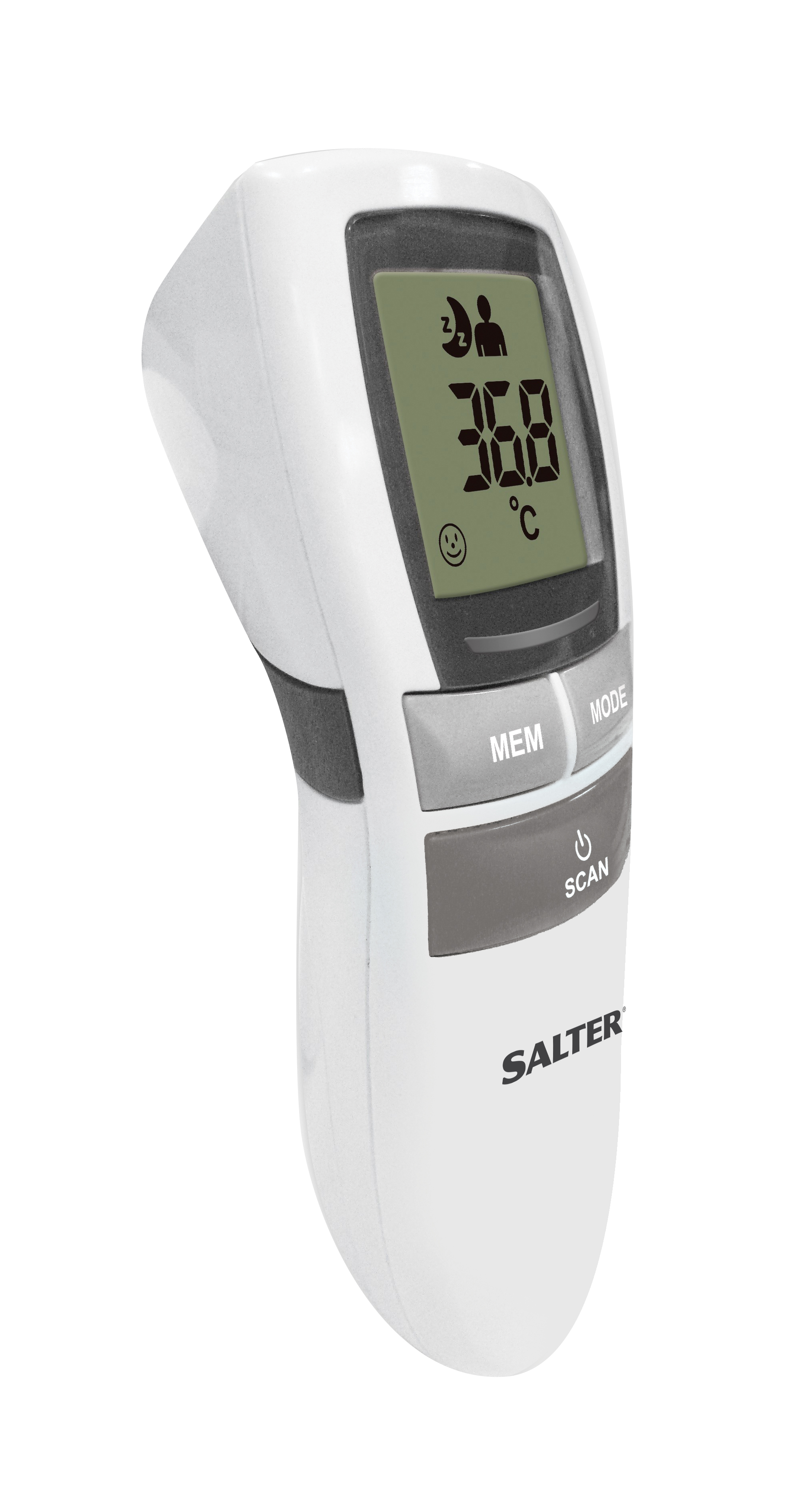 Een witte Salter infraroodthermometer met een digitaal display met een temperatuur van 36,8°C.