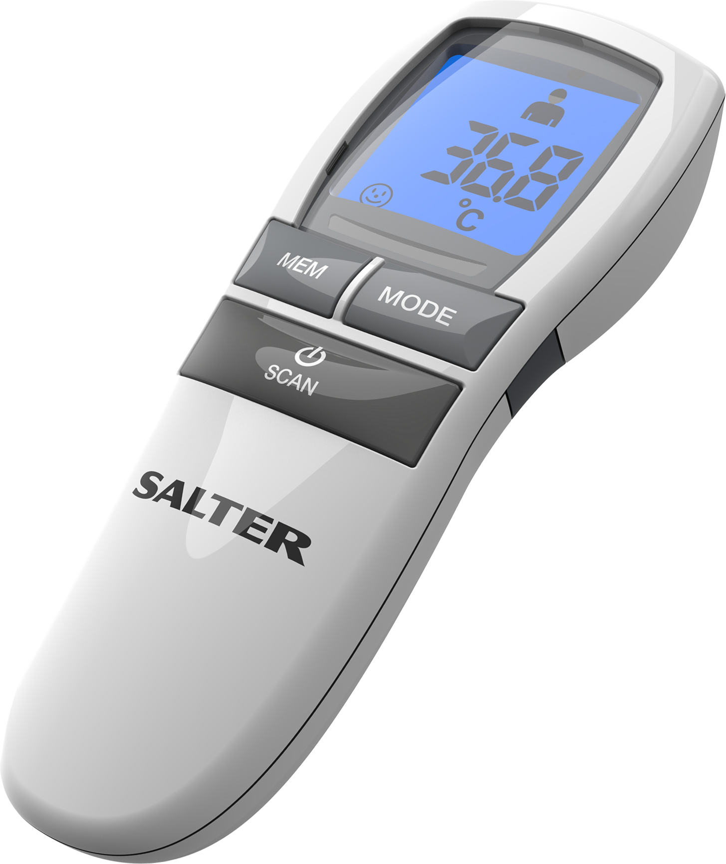 Witte Salter thermometer. Geeft 36,8°C weer. Heeft knoppen voor MEM, MODE en SCAN. Grijs en wit.