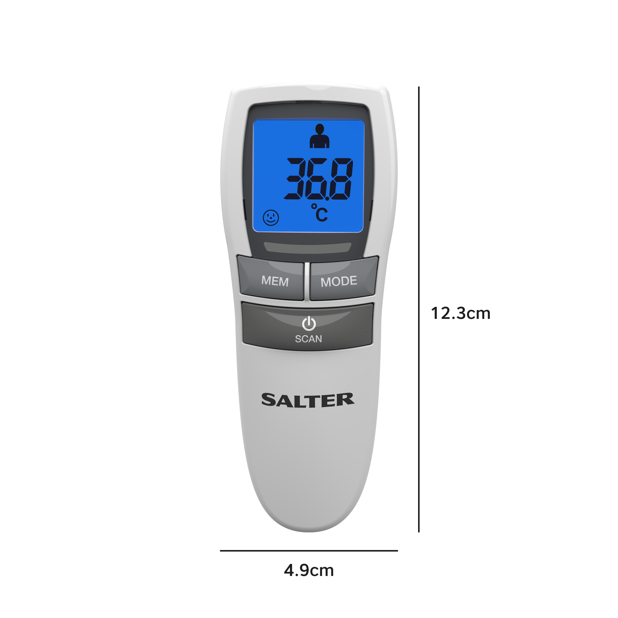 Een witte Salter infrarood thermometer, met een temperatuur van 36,8 graden Celsius.