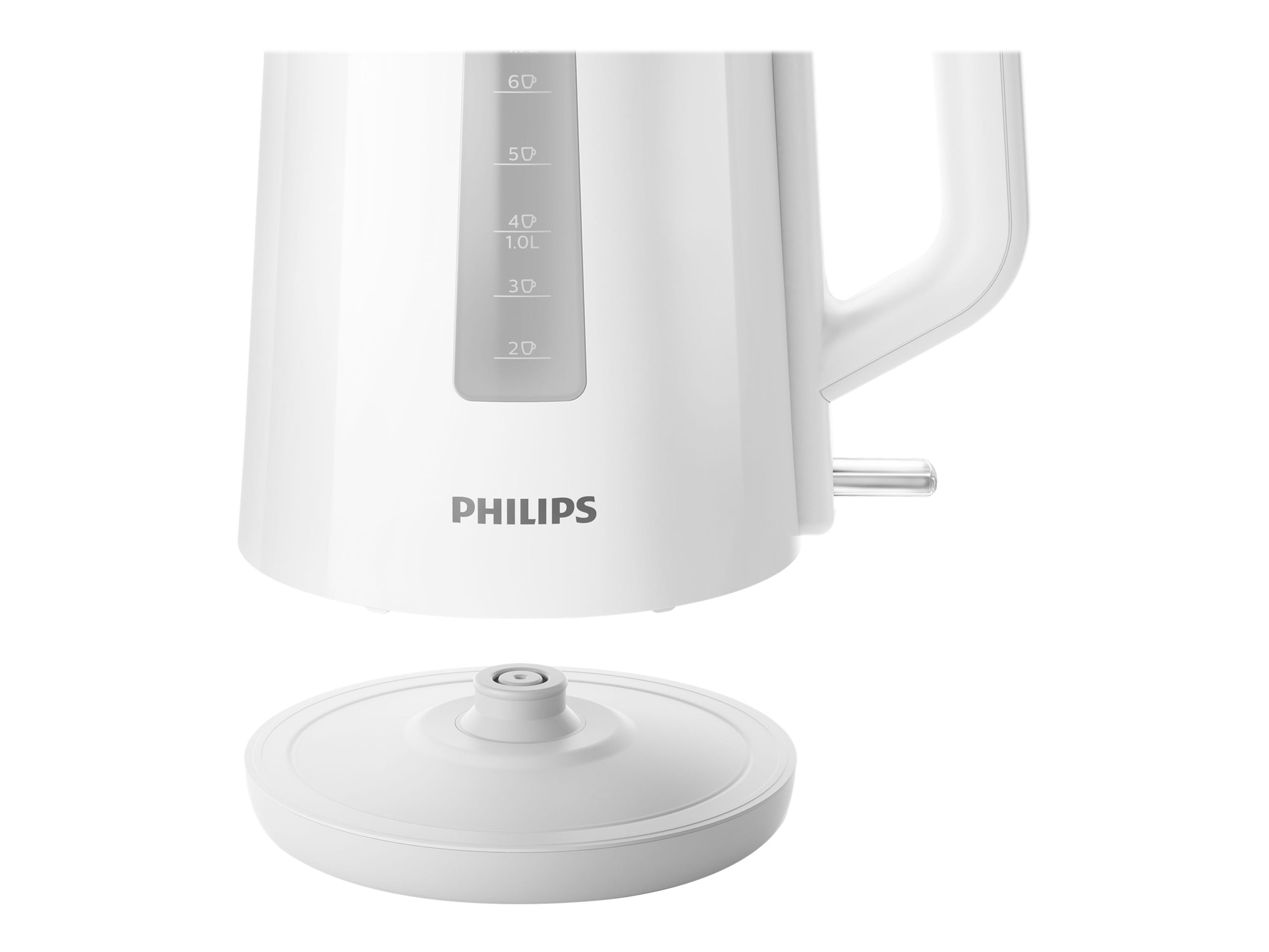 Weißer Philips Wasserkocher mit abgenommener Basis. Kapazitätsmarkierungen und das Philips-Logo sind sichtbar.