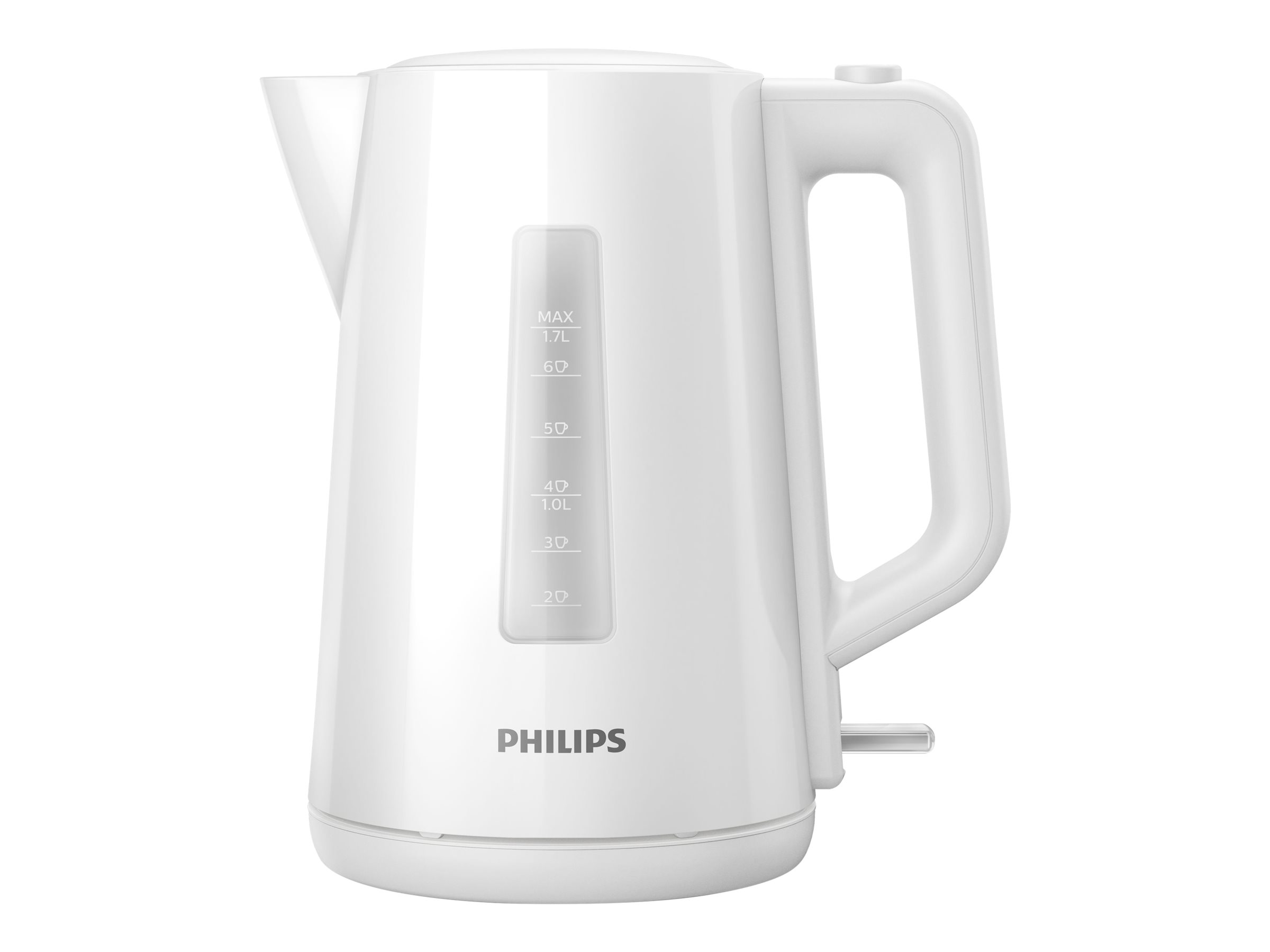 Ein weißer Philips-Wasserkocher mit Griff, Wasserstandsanzeige und Philips-Logo.
