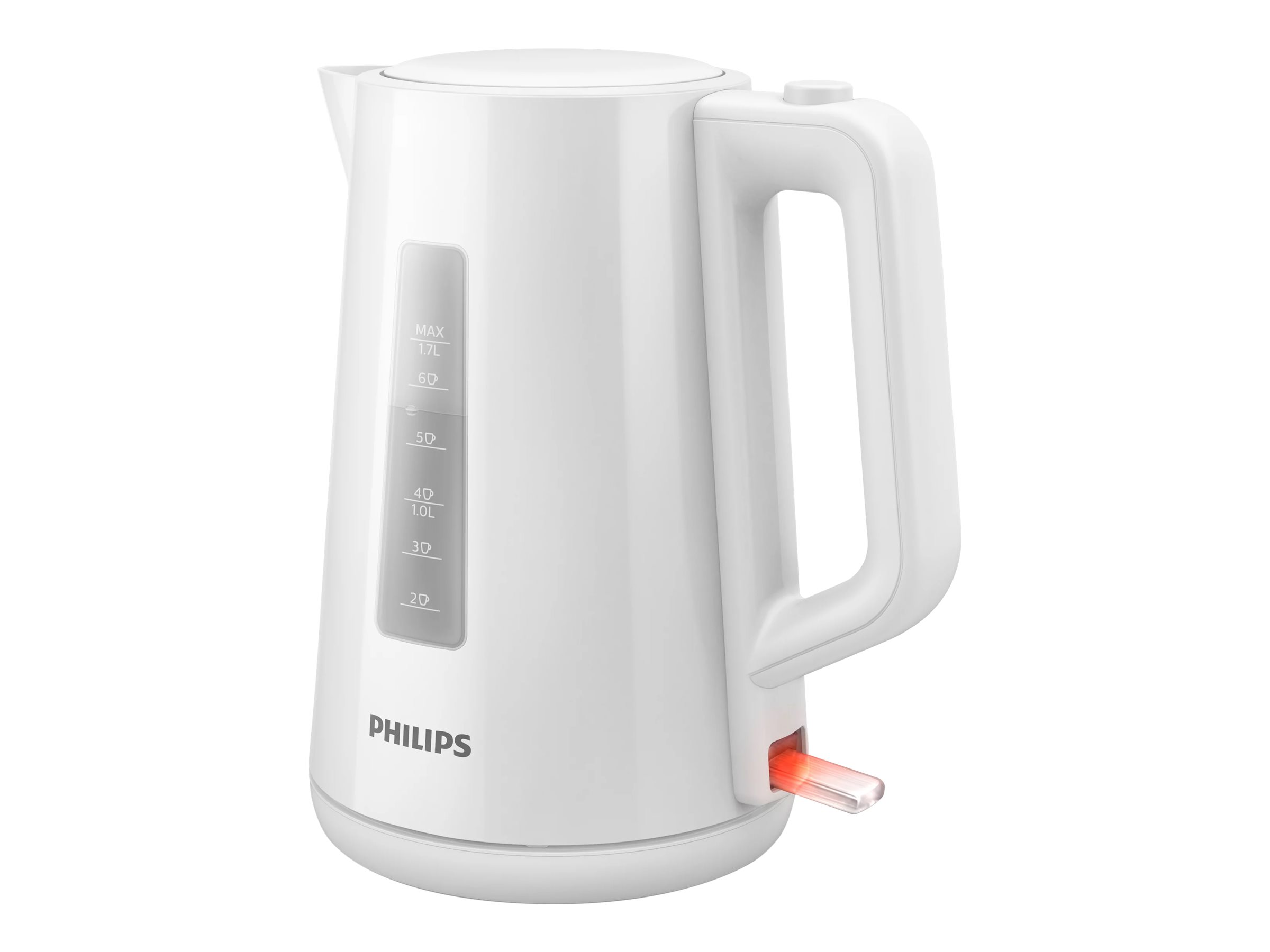 Ein weißer Philips Wasserkocher. Die Betriebsanzeige leuchtet, und der Wasserstand ist sichtbar.