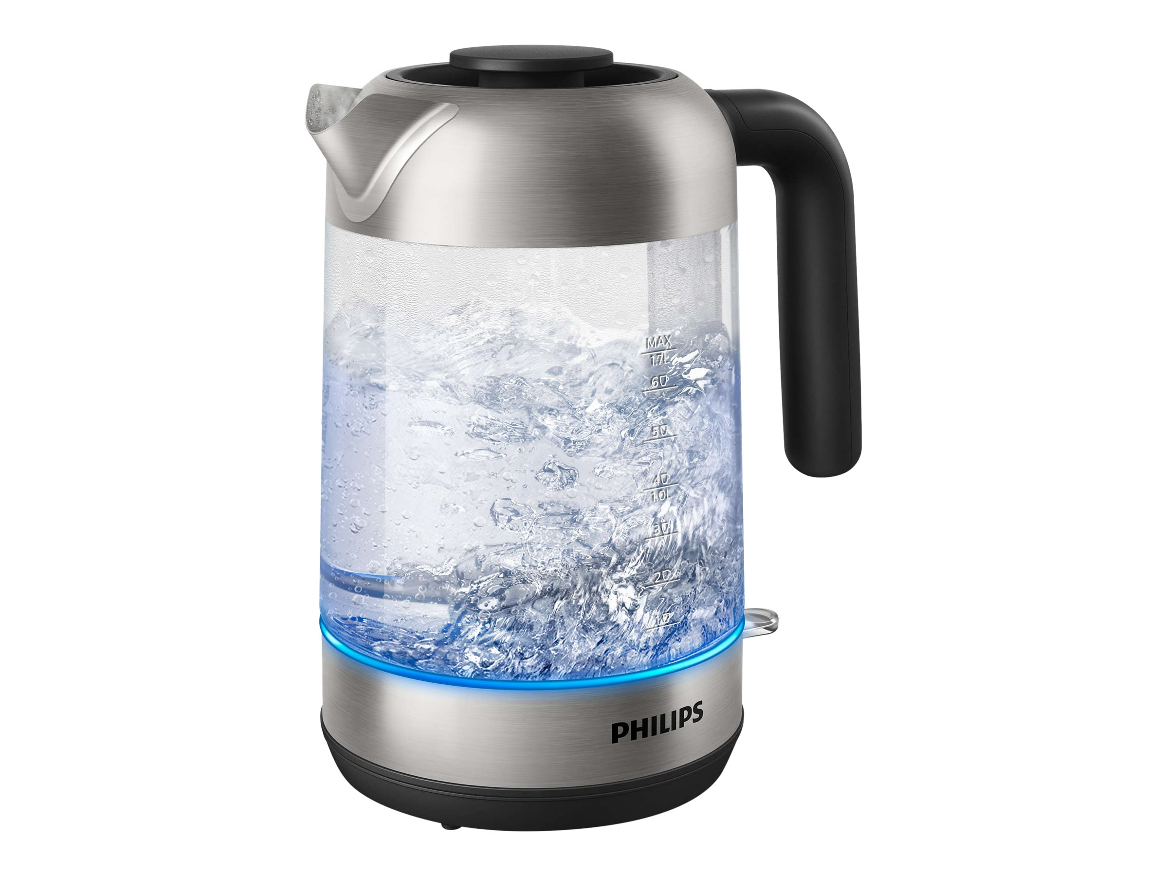 Klarer elektrischer Glaskessel mit kochendem Wasser und schwarzem Griff vor weißem Hintergrund.