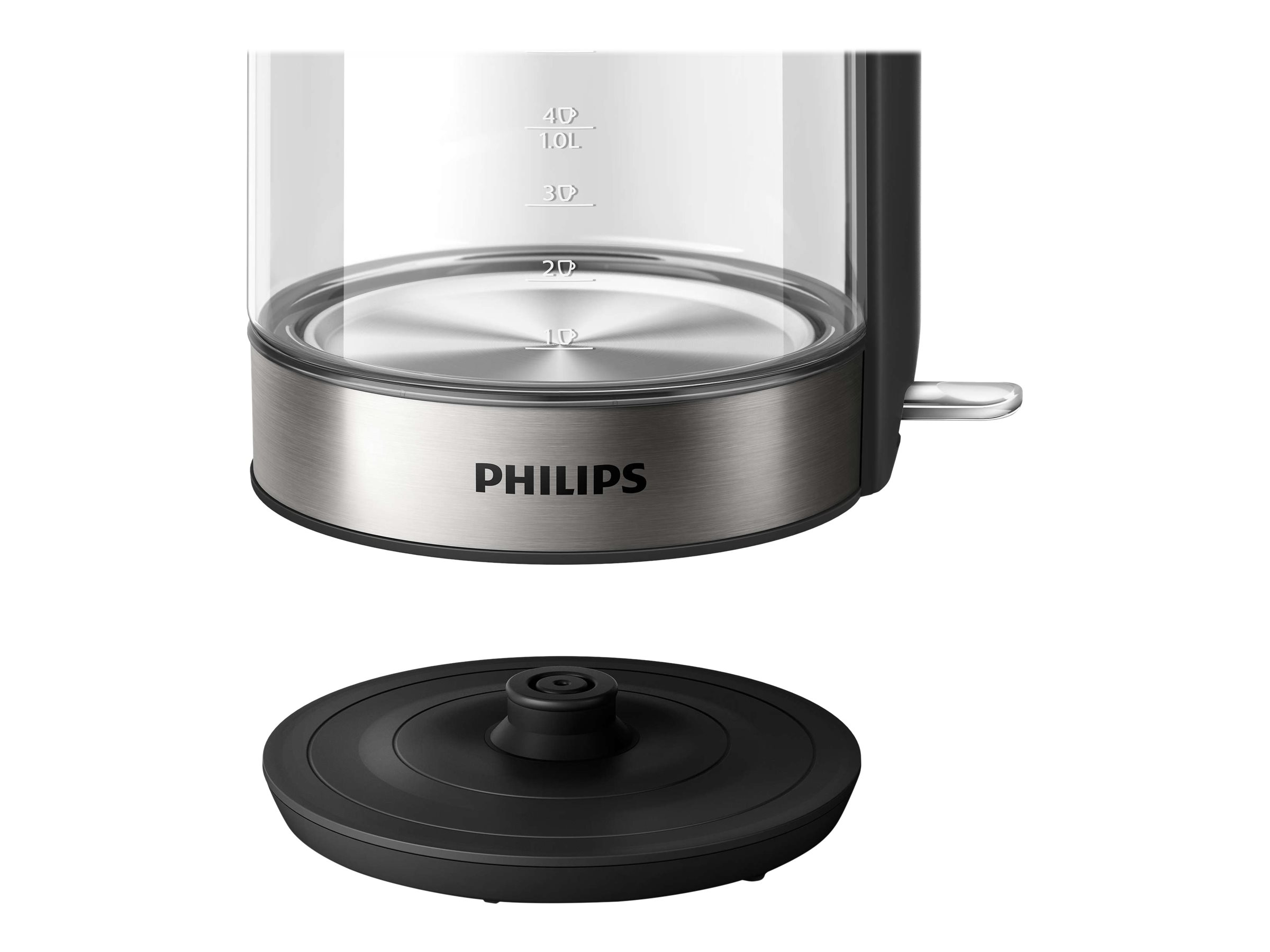 Glaskessel mit Metallboden und schwarzem Sockel. Der Markenname Philips ist auf dem Wasserkocher sichtbar.