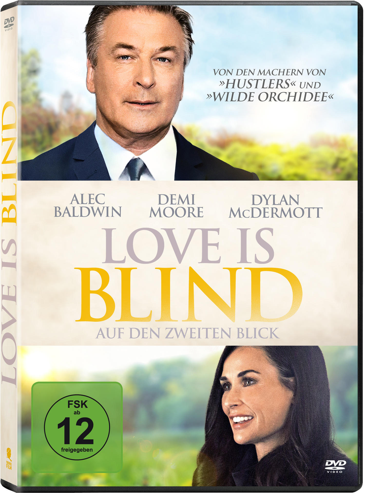 DVD-Hülle für den Film 'Love Is Blind' mit Alec Baldwin und Demi Moore. Der Titel ist in Gelb.