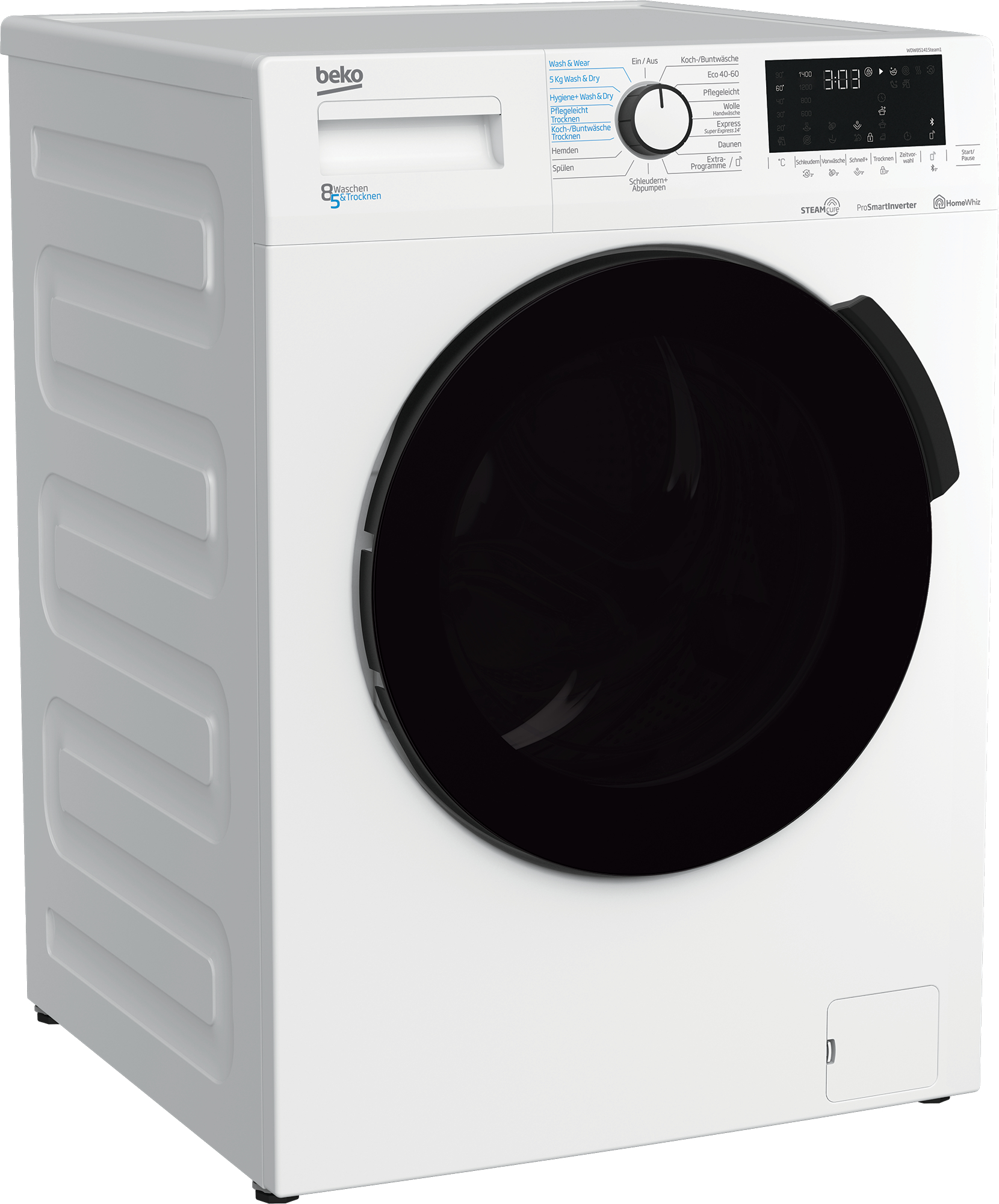 Eine weiße Beko Waschmaschine mit schwarzer Tür und Bedienfeld.