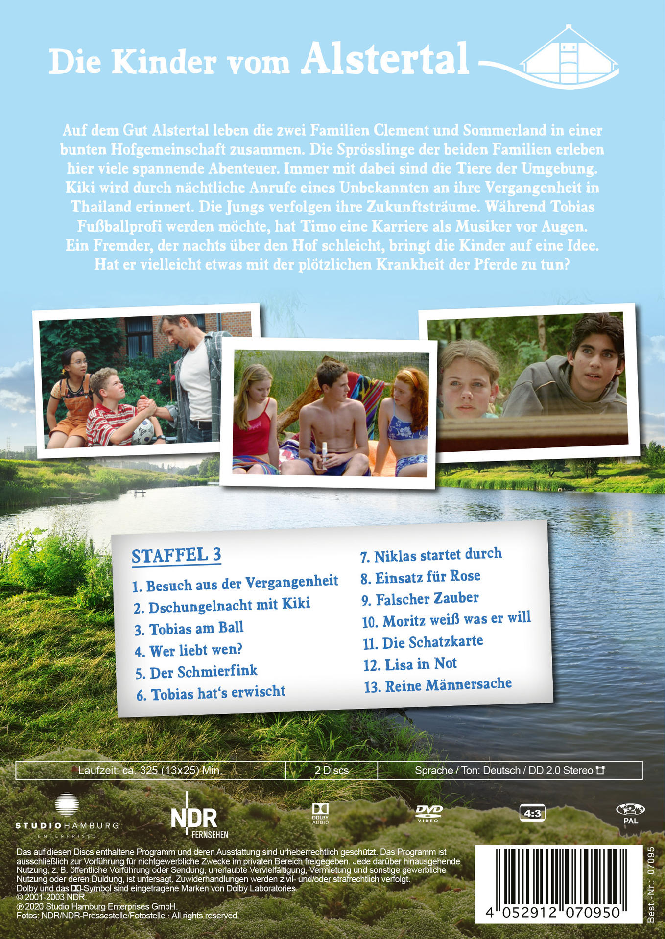 Rückseite einer DVD-Hülle mit Text und Bildern. Der Text ist deutsch. Bilder zeigen Schauspieler und einen See.