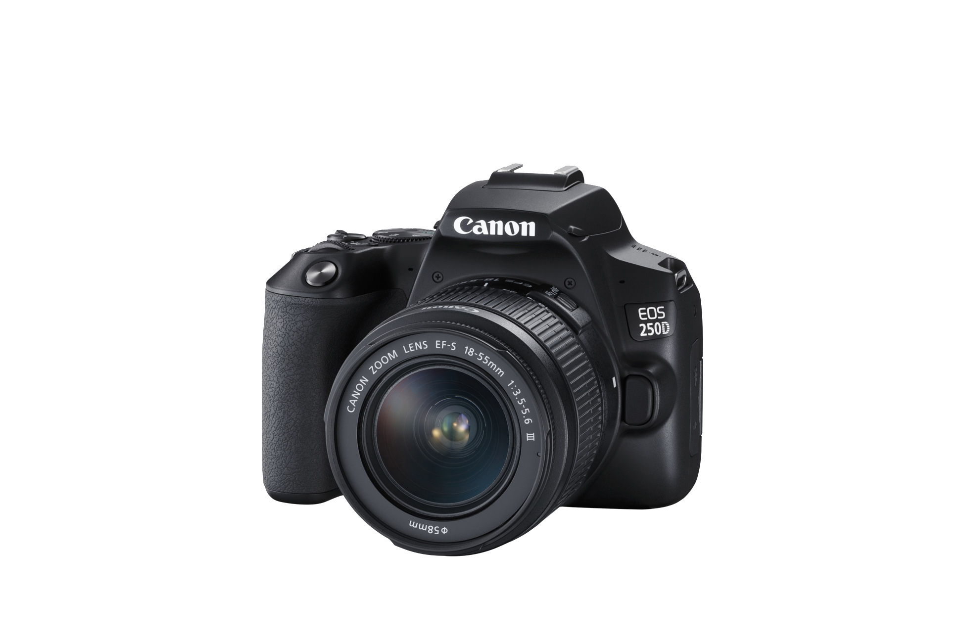 Schwarze Canon EOS 250D Kamera mit Objektiv. Weißer Hintergrund, isolierte Produktaufnahme.