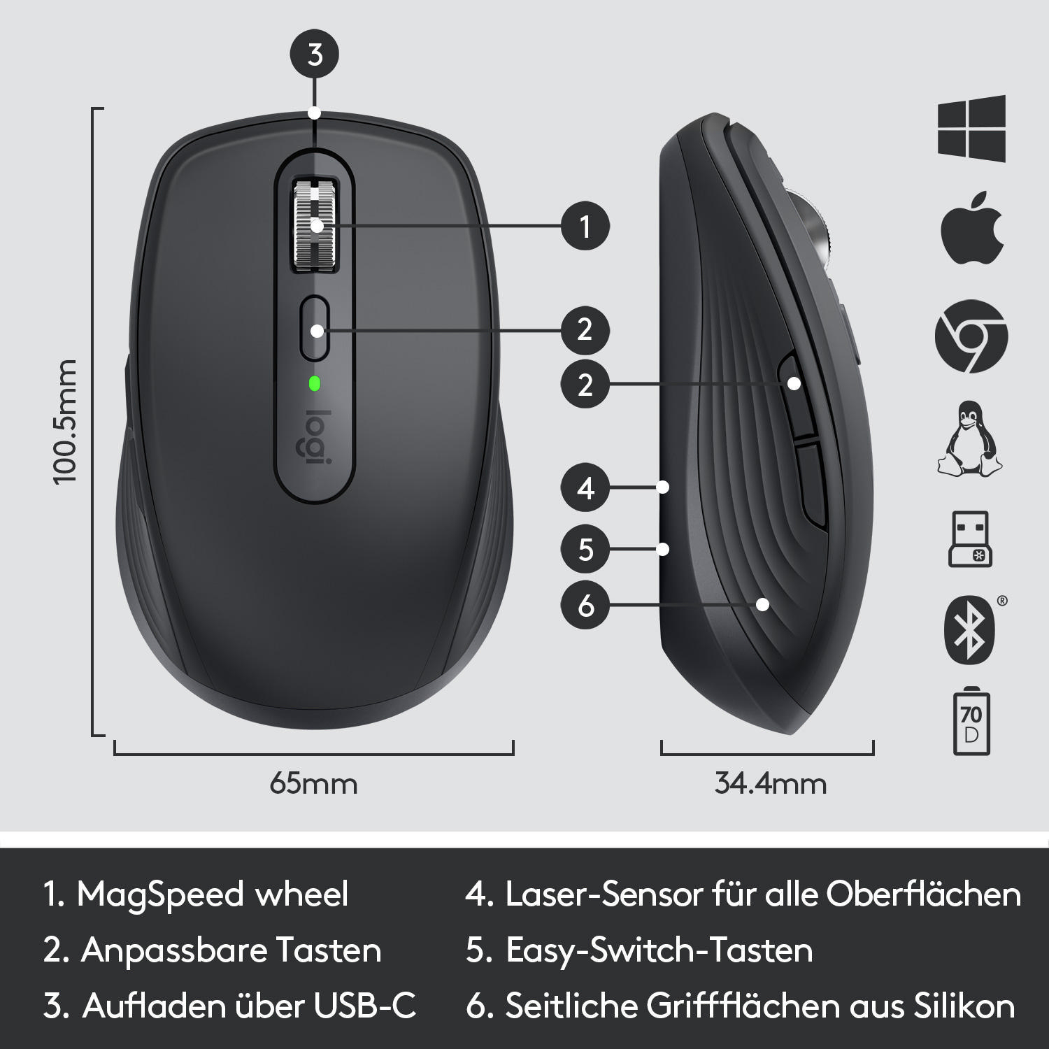 LOGITECH MX Anywhere 3 kompakte kabellose Maus, Graphite