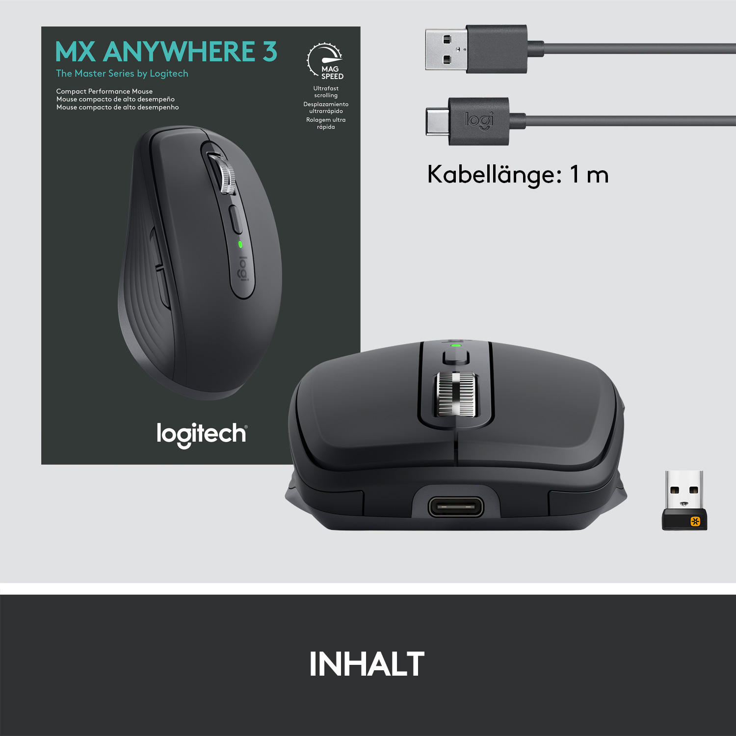 LOGITECH MX Anywhere 3 kompakte kabellose Maus, Graphite