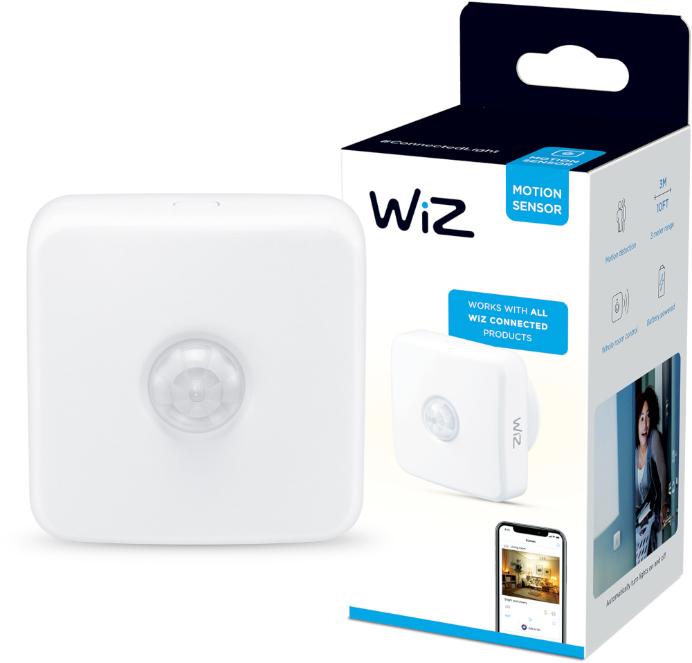 A white WiZ motion sensor with packaging showing the product and its features.