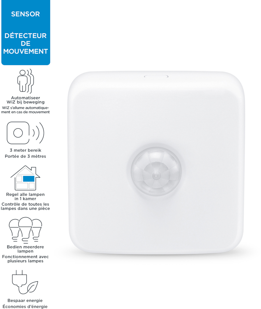 A white motion sensor with icons and text. It features a lens and various product-related symbols.