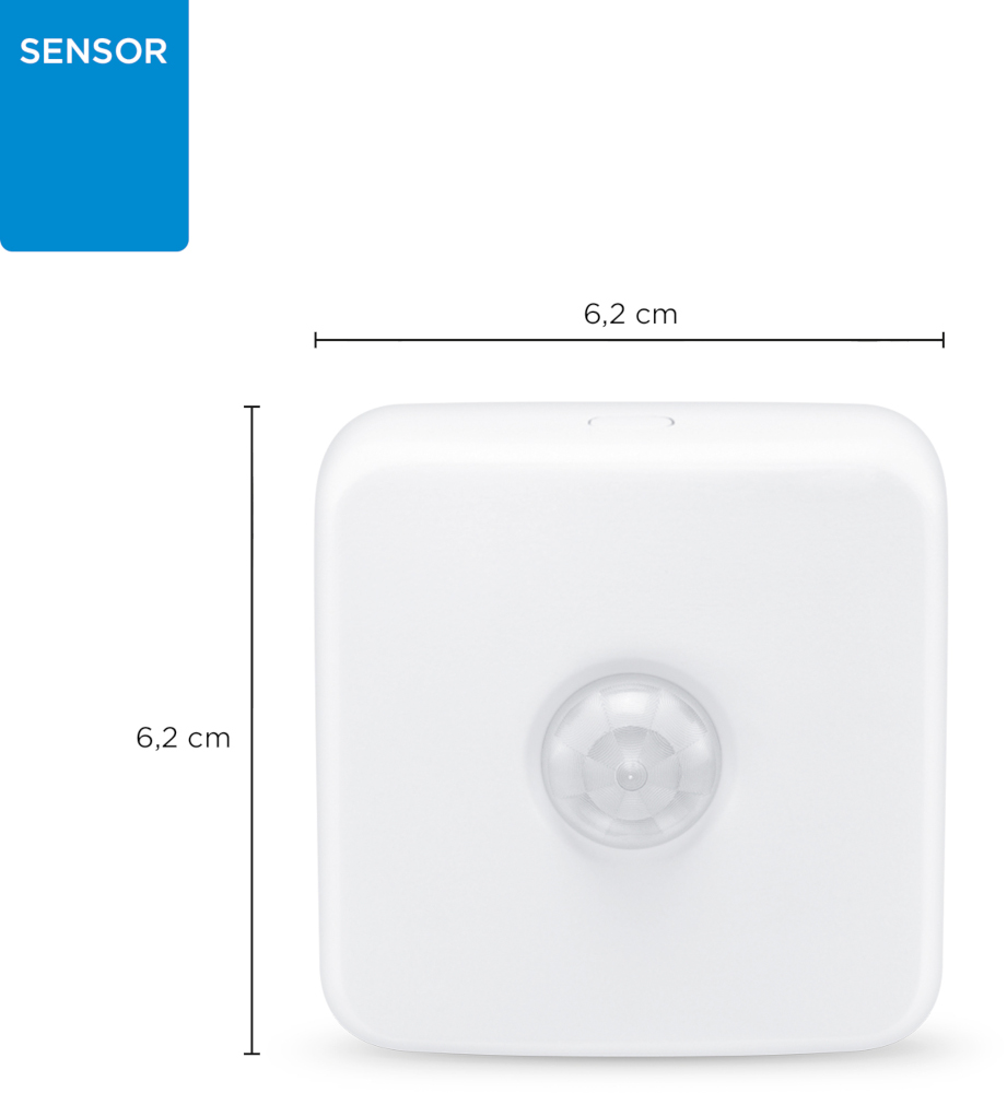A white square sensor, with a black line showing dimensions of 6.2 cm, and the word 'SENSOR' in blue.