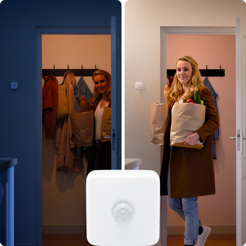 Two images. Woman entering a door with groceries. A white sensor is in the center.