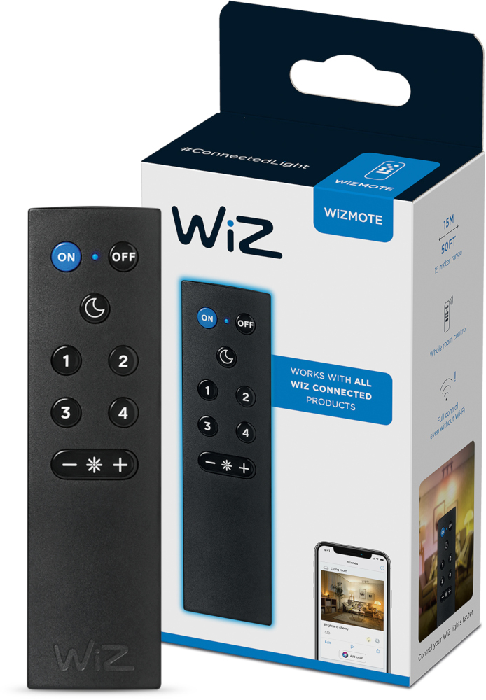 A black remote control and a box. The box shows a remote and a light setup.
