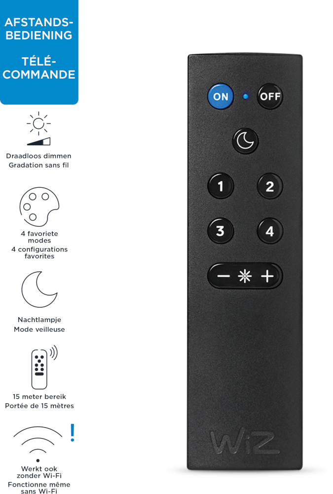 Black remote control with buttons and icons. Includes text in Dutch and French for functions.