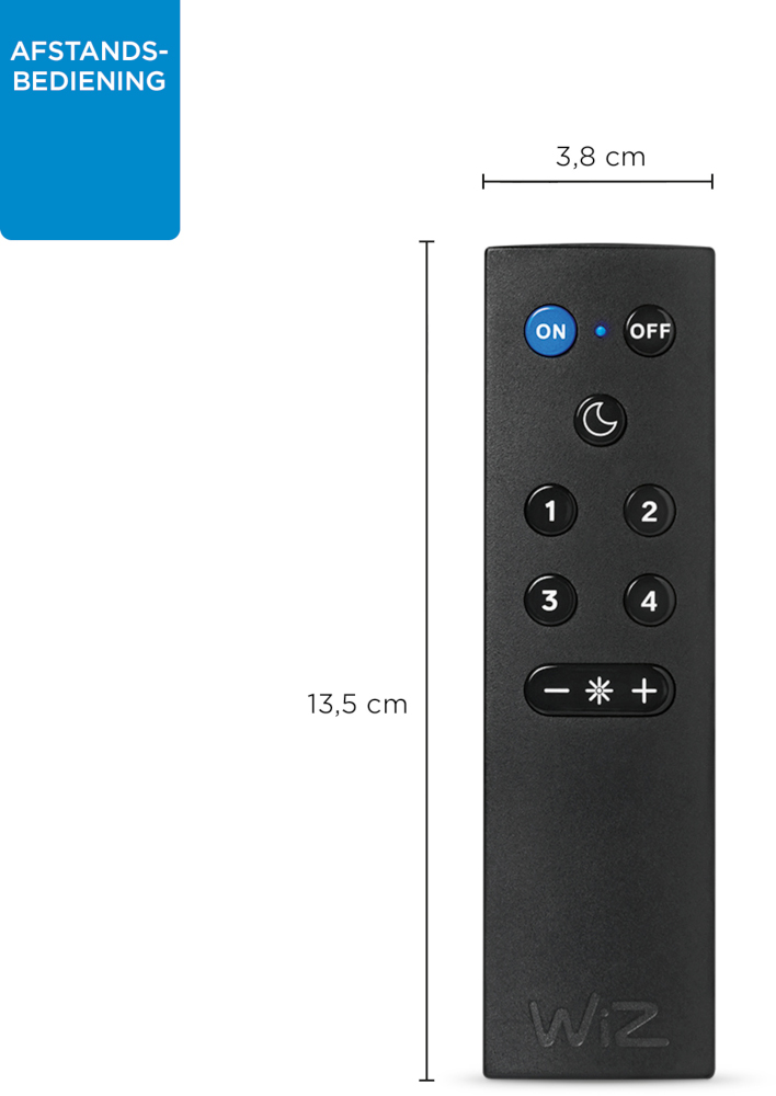 Black remote control with buttons, dimensions, and text in a blue box, white background.