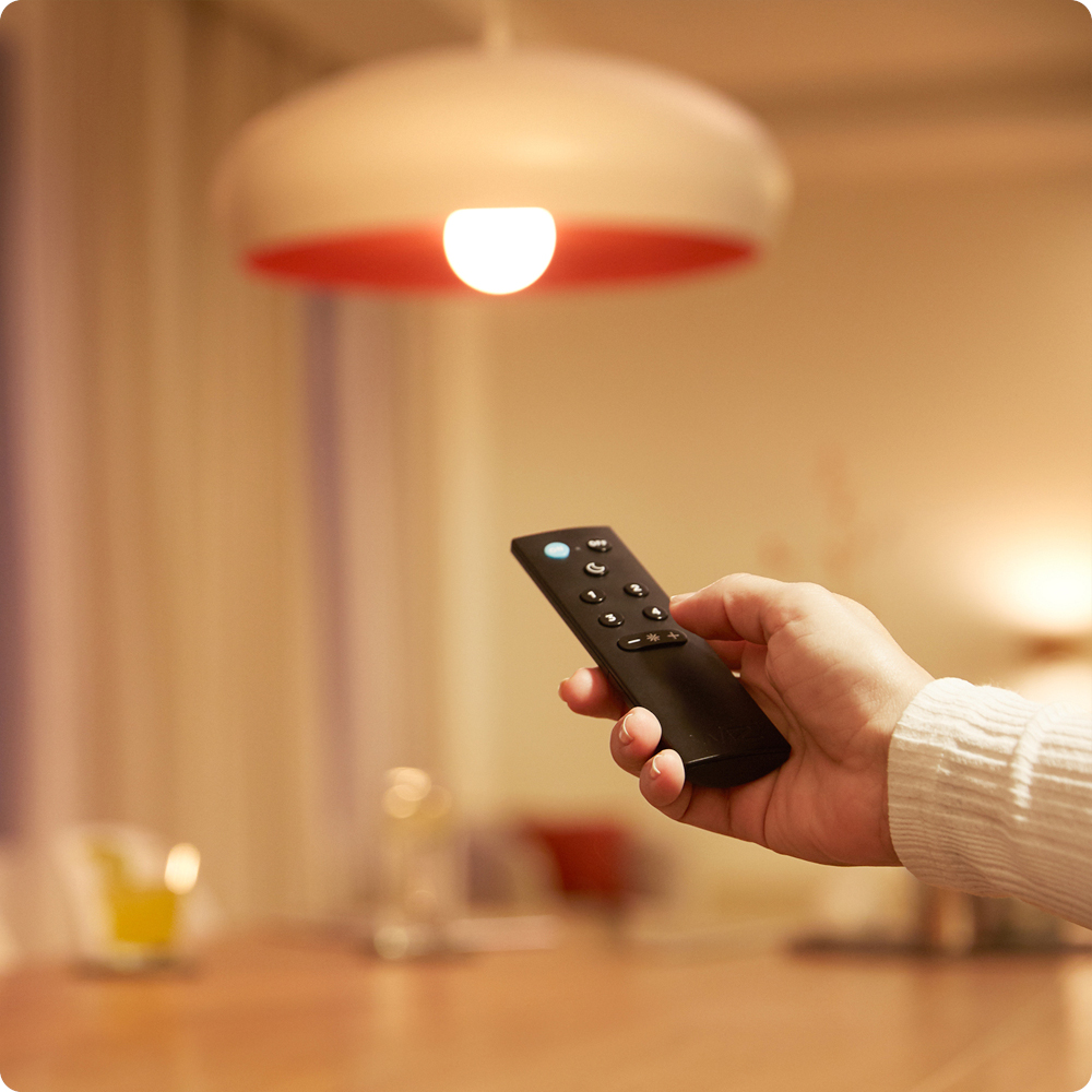 A hand holding a black remote, with the light and the lamp in the background