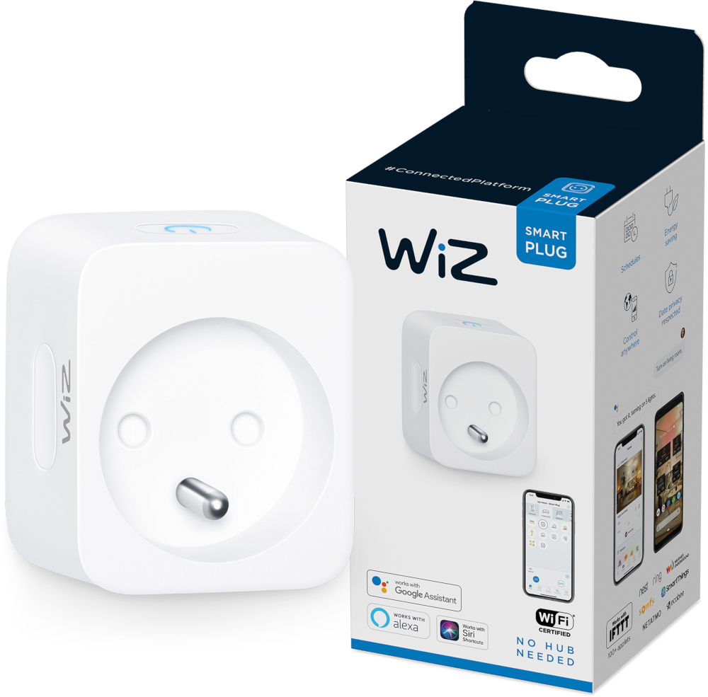 Een Wiz slimme stekker in zijn witte doos, met een telefoonscherm.