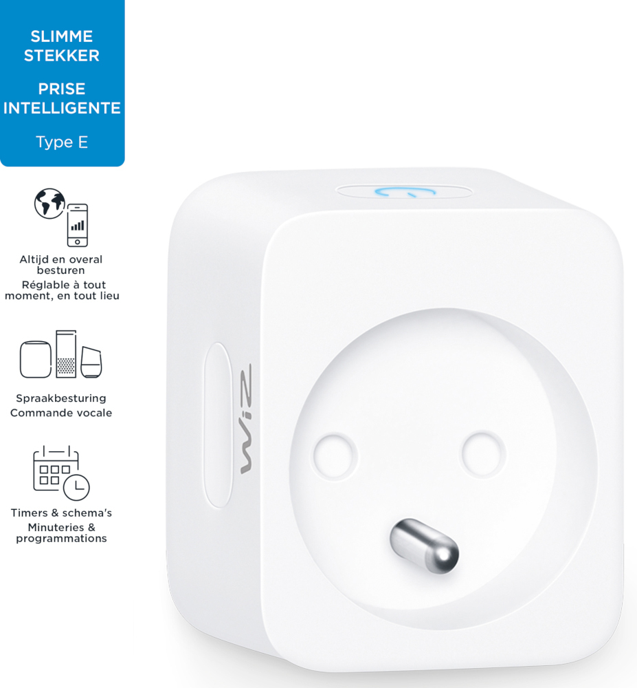 Een witte slimme stekker met een stekker en een Wi-Fi-symbool. Tekst: Slimme stekker, Type E.