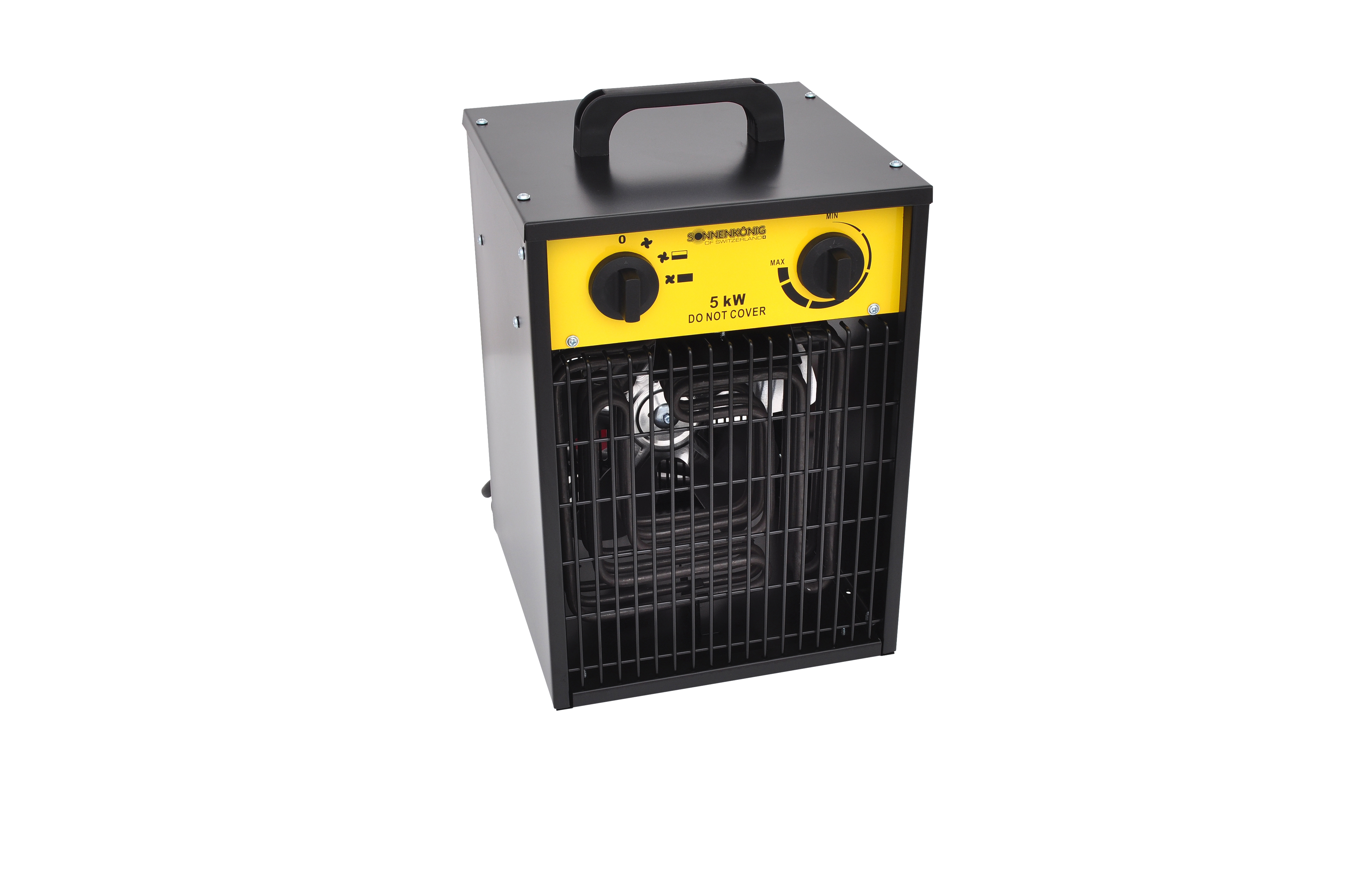 Ein schwarz-gelber Elektroheizer mit Griff, Bedienelementen und einem Gitter.
