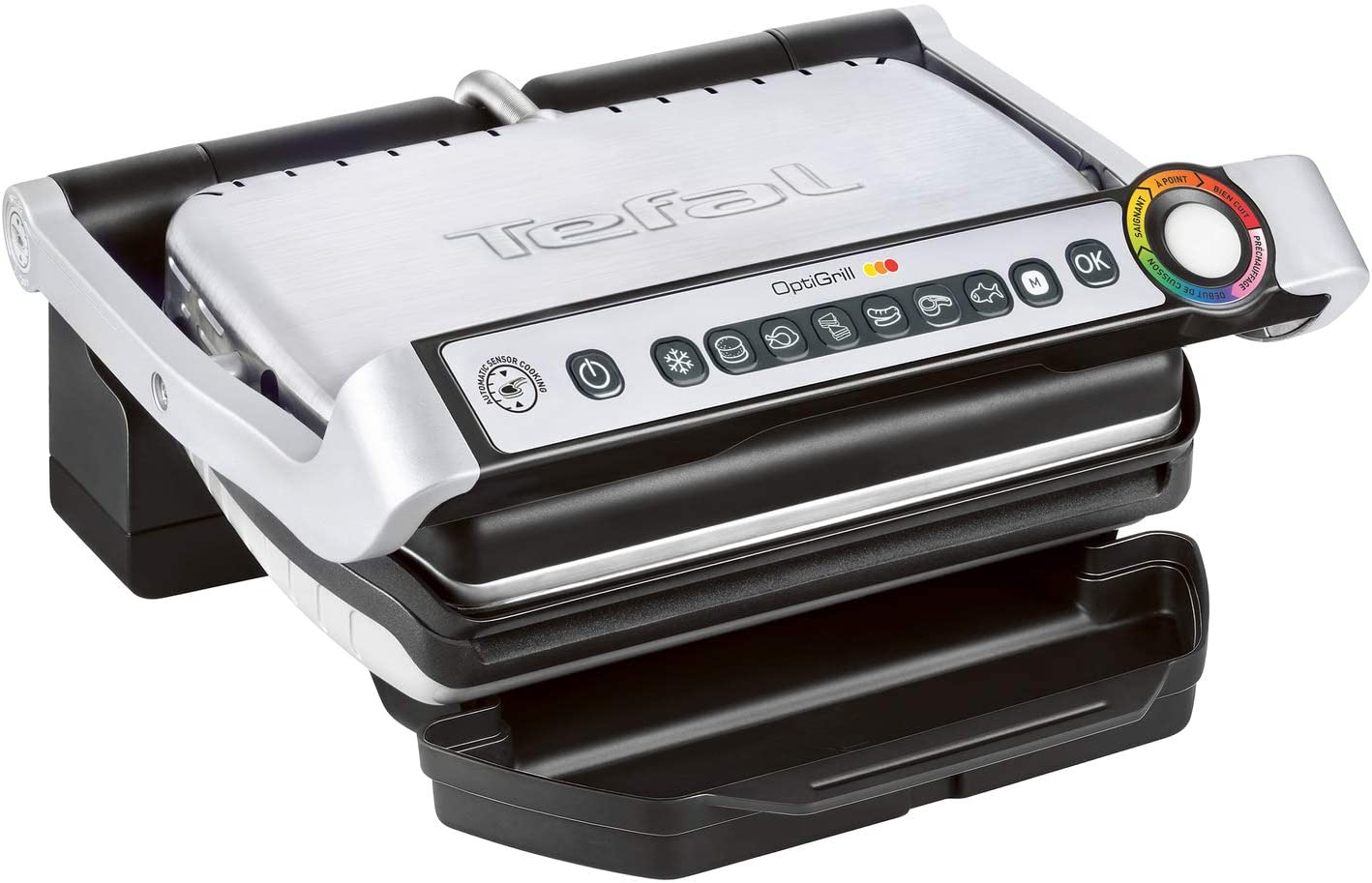 Tefal OptiGrill argento, chiuso. Nero e argento, con pannello di controllo e indicatore OK.