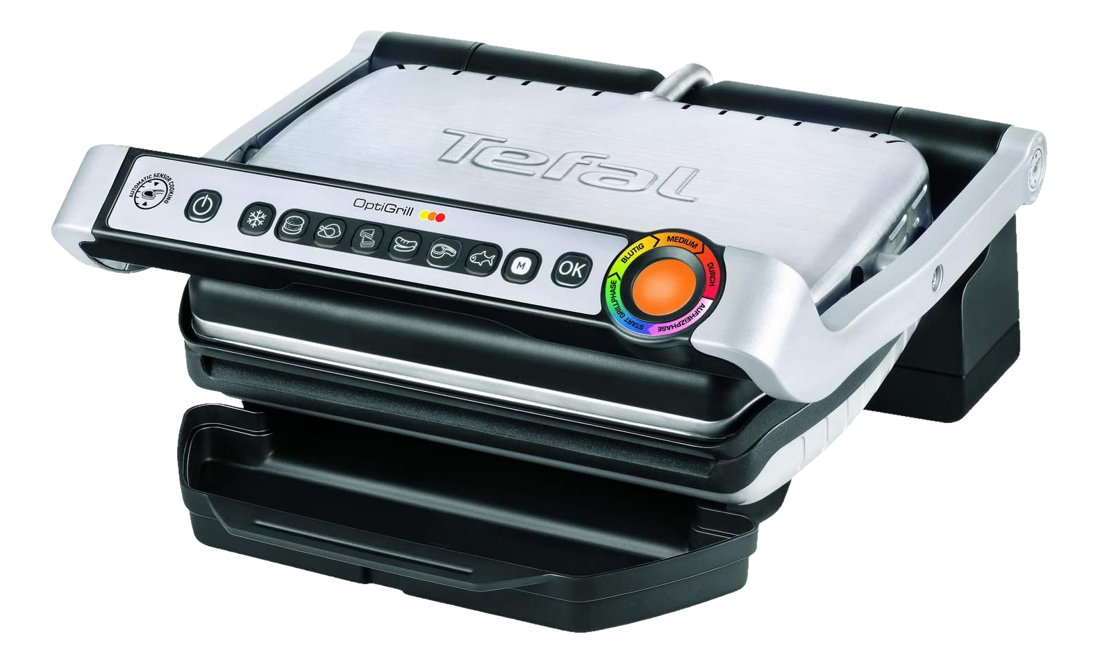 Tefal OptiGrill, aperto, che mostra le piastre della griglia e il pannello di controllo.