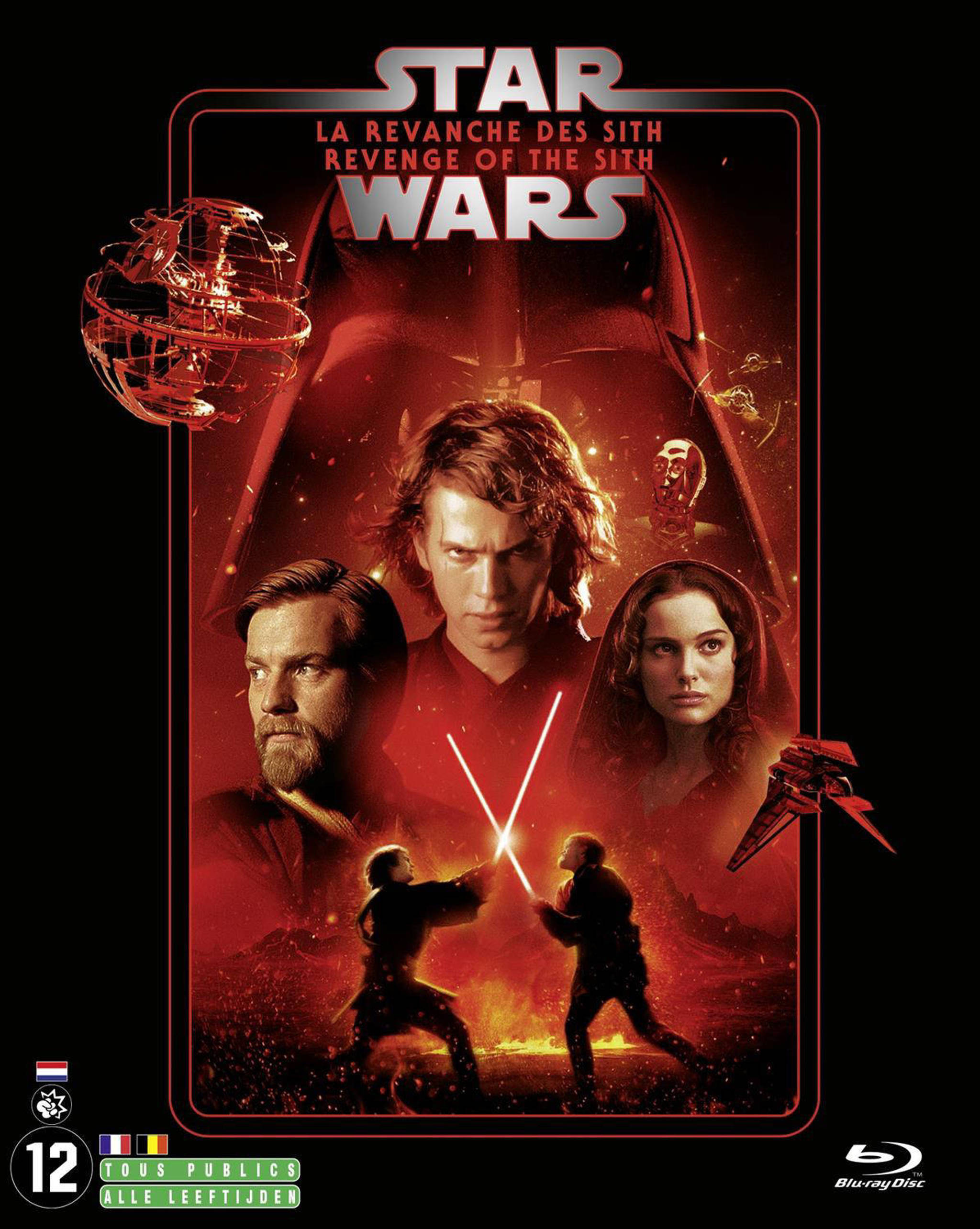 Star Wars: Revenge of the Sith dvd-hoes. Darth Vader, Anakin, Obi-Wan, Padmé en lichtzwaarden.