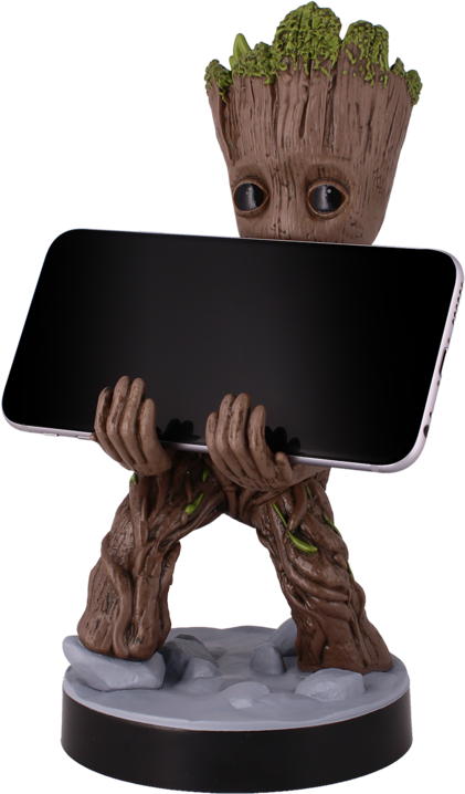 Figura di Groot che tiene in mano un telefono nero con base rotonda.