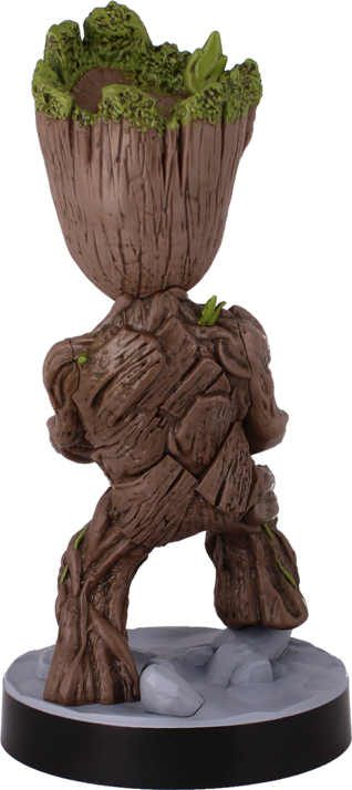 Figurina di Groot su supporto, vista posteriore.