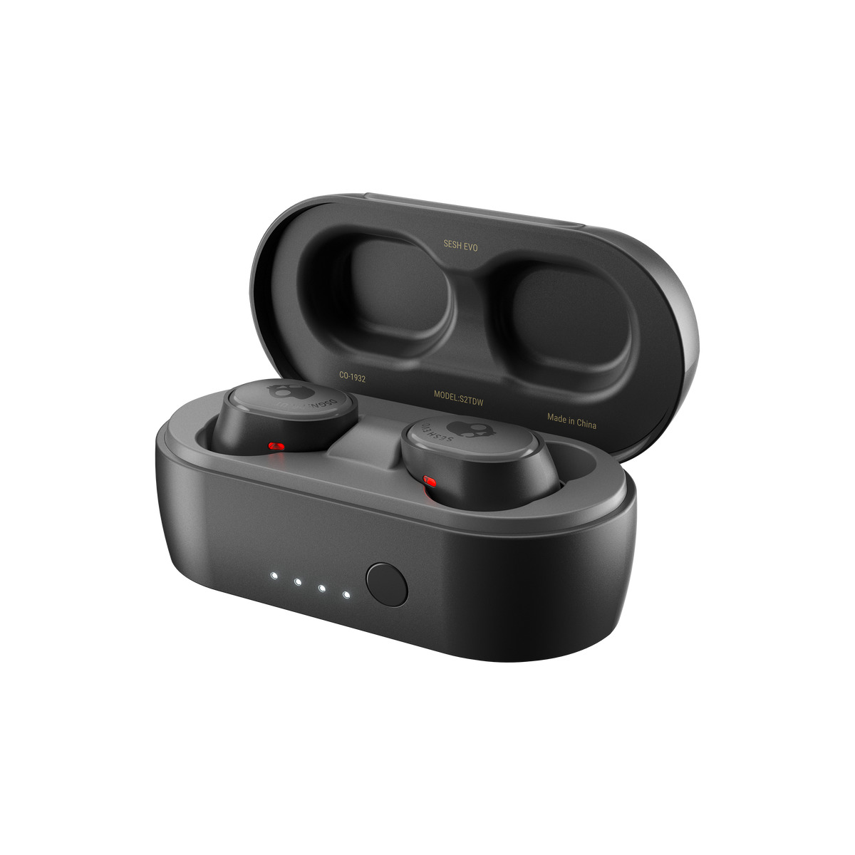 Fekete Skullcandy fülhallgató töltőtokban.