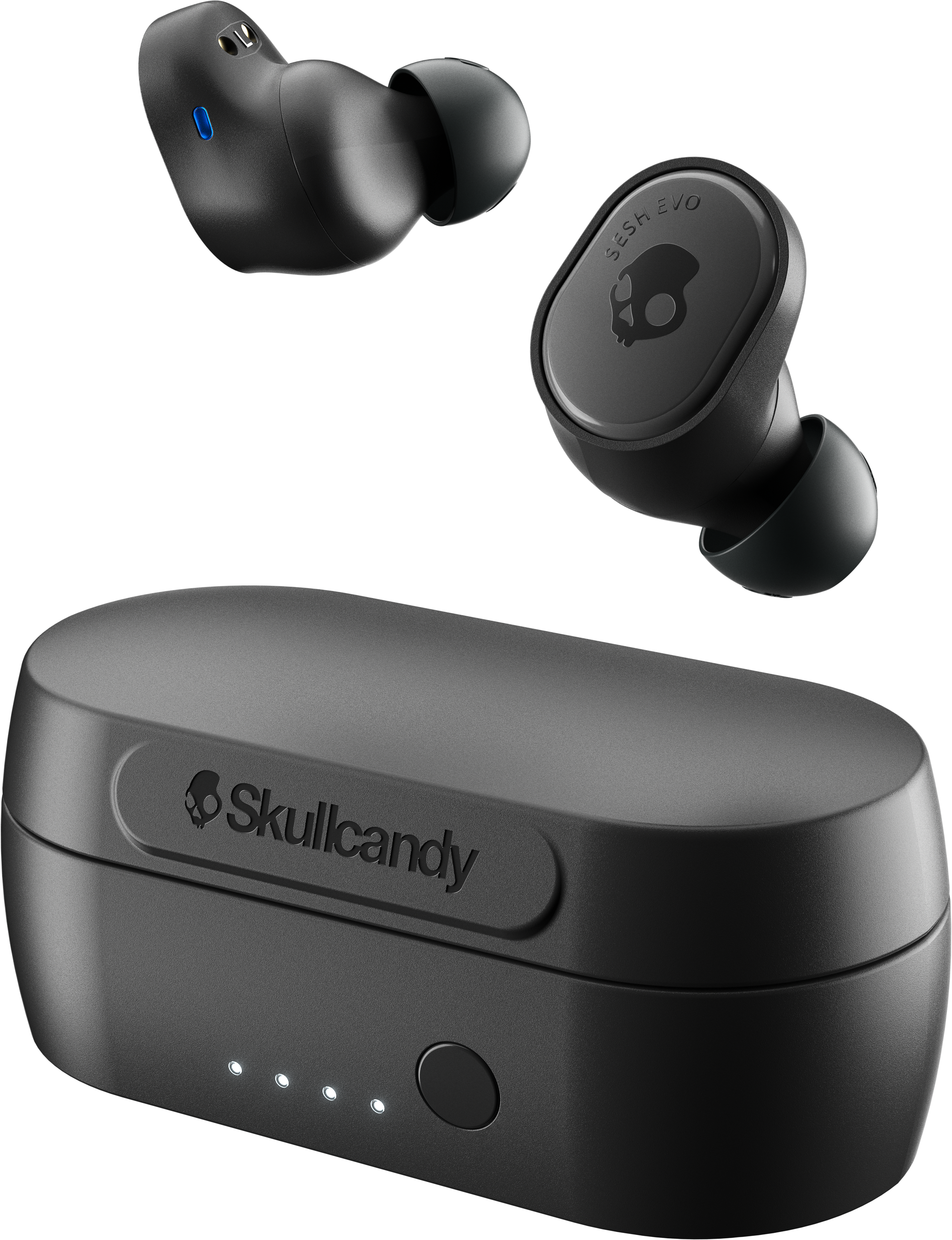 Fekete Skullcandy Sesh Evo fülhallgatók és töltőtok. Két fülhallgató és egy tok a márkanévvel.