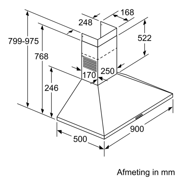 Technical drawing of a black and silver range hood with dimensions in mm. White background.